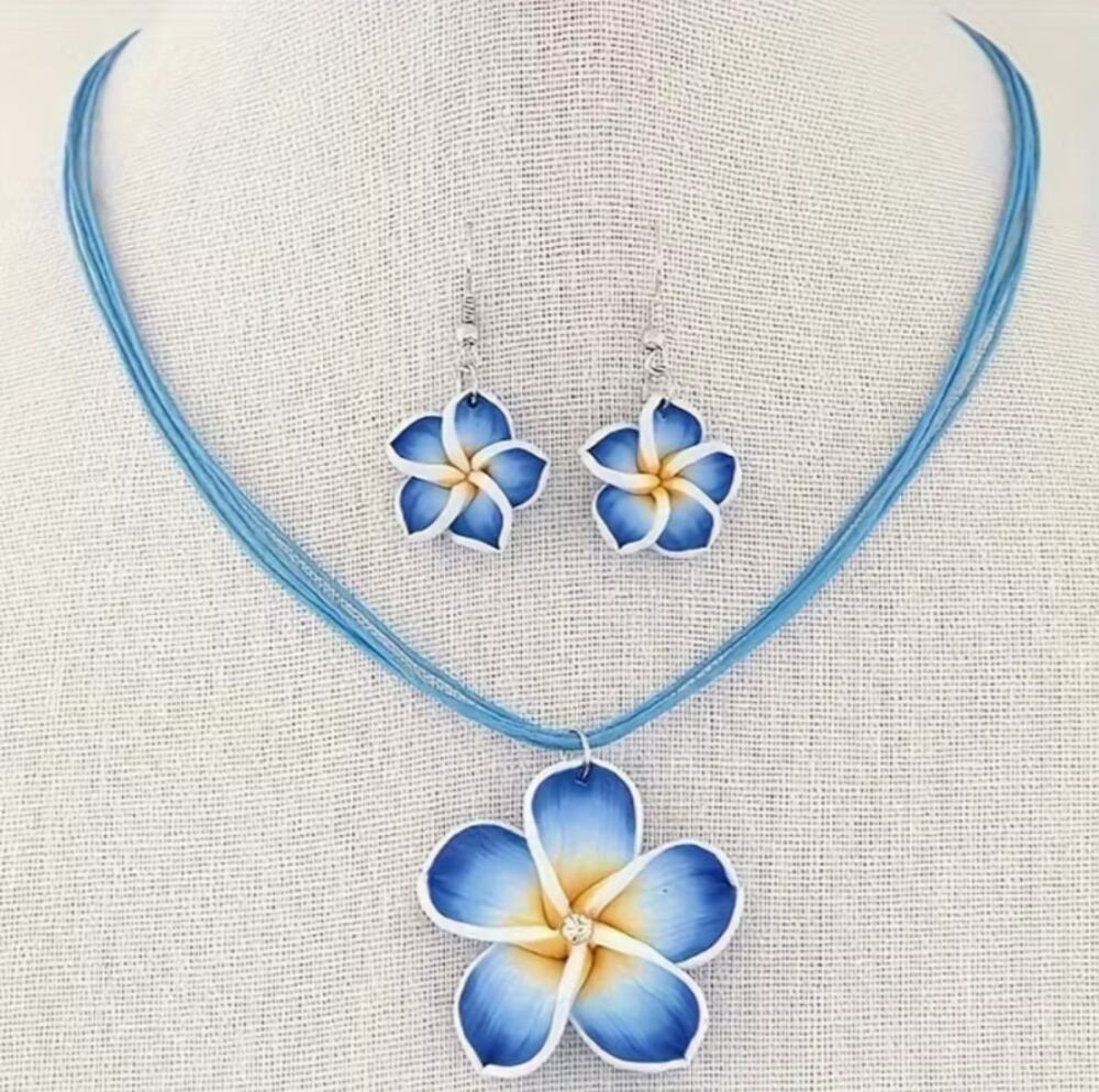 Blue Tropical Flower Necklace and Earrings Set Polymer Clay on Waxed Thread